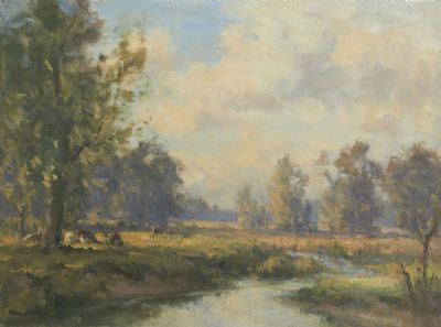 CATTLE by A RIVER LANDSCAPE, LAGAN VALLEY by Frank McKelvey  at deVeres Auctions