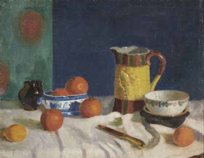 STILL LIFE WITH CERAMIC POTS ON A WHITE CLOTH by James Sinton Sleator sold for €9,500 at deVeres Auctions