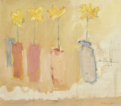 ROW OF POTS - YELLOW FLOWERS by Basil Blackshaw sold for €4,600 at deVeres Auctions