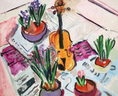 STILL LIFE WITH VIOLIN AND PLANTS by Elizabeth Cope sold for €1,200 at deVeres Auctions
