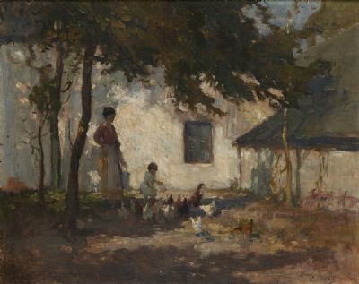 WOMAN AND CHILD FEEDING CHICKENS by Frank McKelvey sold for €9,500 at deVeres Auctions