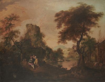 ARCADIAN FIGURES IN A CLASSICAL LANDSCAPE by Nathaniel Grogan sold for €16,000 at deVeres Auctions