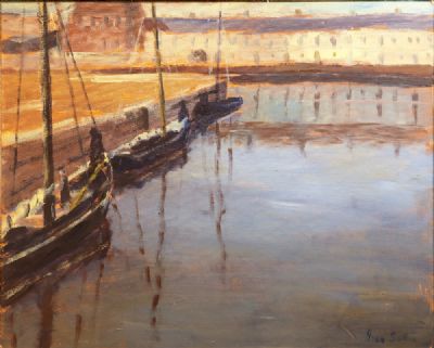 HOOKERS MOORED AT GALWAY DOCKS by Ivan Sutton sold for €800 at deVeres Auctions