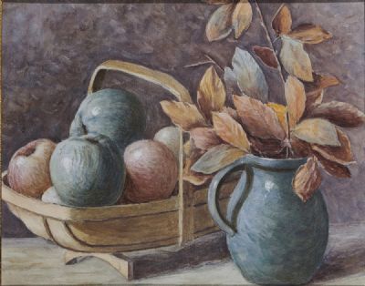 STILL LIFE OF A VASE AND BASKET OF APPLES by John Luke  at deVeres Auctions