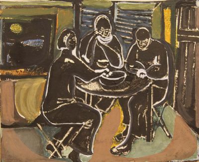 THREE FIGURES AT A TABLE by George Campbell sold for €180 at deVeres Auctions