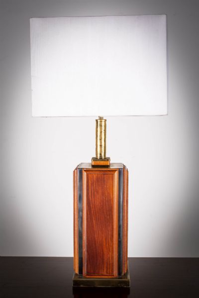 A TEAK AND BRASS SQUARE TABLE LAMP at deVeres Auctions