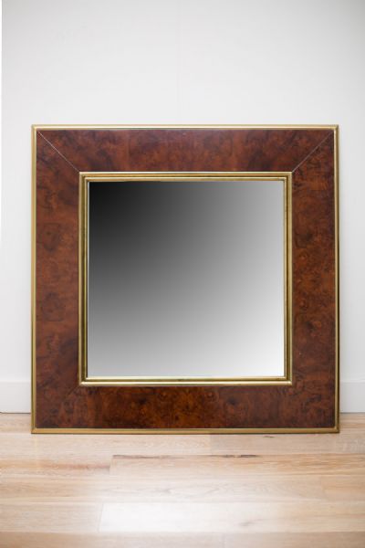 A SQUARE WALNUT AND BRASS WALL MIRROR at deVeres Auctions