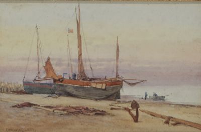 COASTAL SCENE WITH BOATS AND FIGURES by Alexander Williams sold for €240 at deVeres Auctions