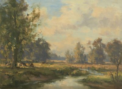 CATTLE by A RIVER LANDSCAPE, LAGAN VALLEY by Frank McKelvey  at deVeres Auctions