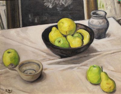 APPLES AND LEMONS IN A BLACK BOWL by Rosaleen Brigid Ganly sold for €650 at deVeres Auctions