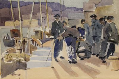 FISHERMEN ON THE PIER by Desmond Carrick sold for €400 at deVeres Auctions