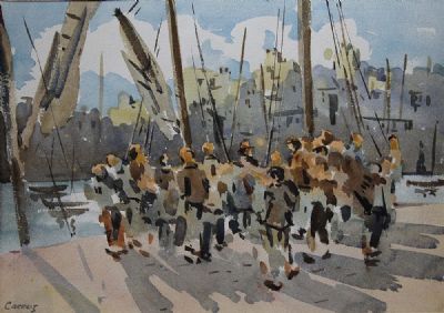 FIGURES ON THE PIER by Desmond Carrick sold for €260 at deVeres Auctions