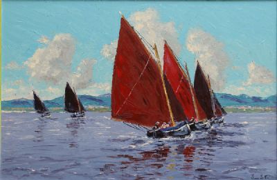 GALWAY HOOKERS,  GREATMANS BAY, CARRAROE, CO GALWAY by Ivan Sutton sold for €1,300 at deVeres Auctions