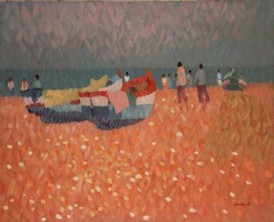 BOATS ON A BEACH IN NERJA by Desmond Carrick  at deVeres Auctions