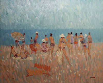 SULTRY DAY WITH BATHERS, BURRIANA BEACH NERJA by Desmond Carrick  at deVeres Auctions