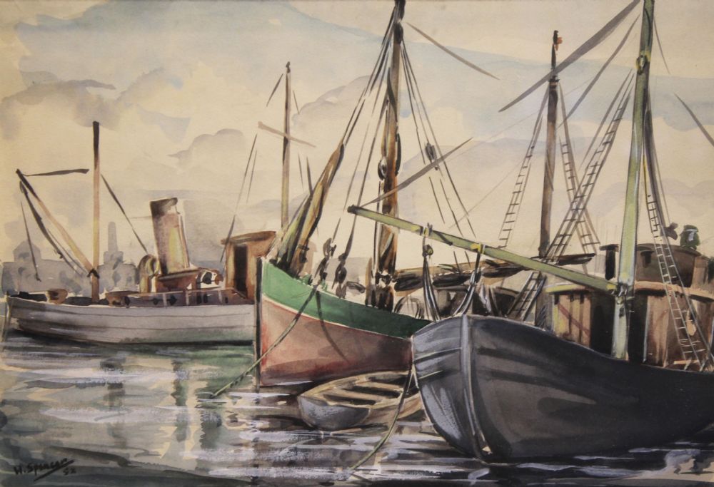BOATS IN HARBOUR by William G. Spencer sold for €140 at deVeres Auctions