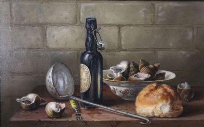 STILL LIFE WITH SHELLFISH AND STOUT BOTTLE by Irish School sold for €1,200 at deVeres Auctions