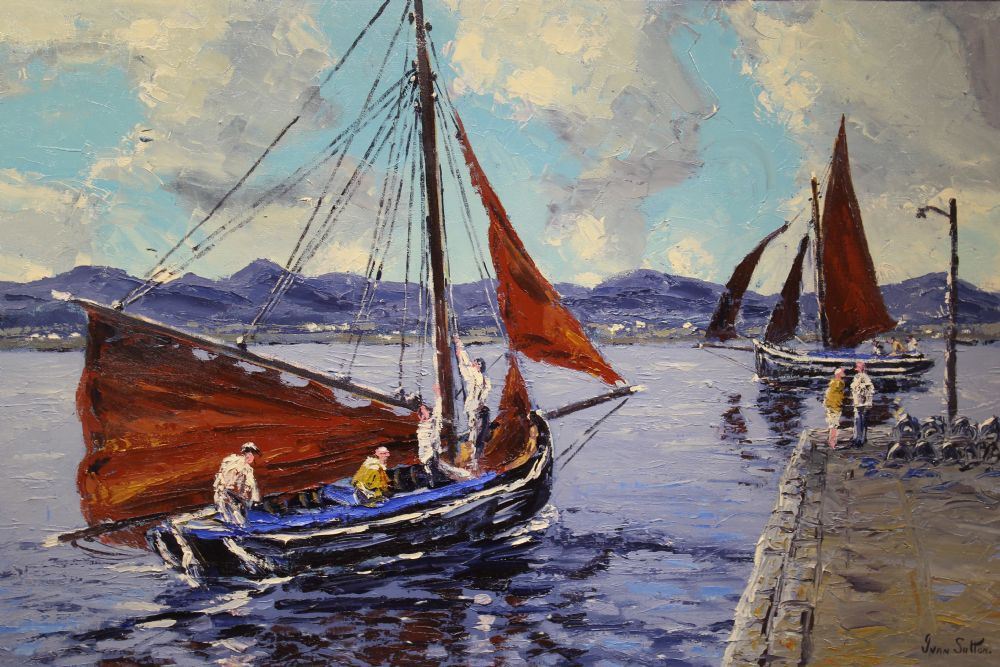 HAULING THE MAINSAIL, ROUNDSTONE HARDBOUR, CO. GALWAY by Ivan Sutton sold for €1,900 at deVeres Auctions