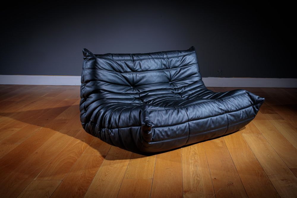 Black 2 Seat Leather Togo Sofa by Ligne Roset, 1980s France