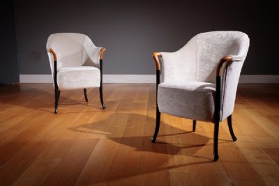 A PAIR OF UPHOLSTERED PROGETTI OPEN ARMCHAIRS, ITALIAN at deVeres Auctions