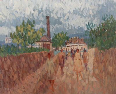 PEDESTRIANS ABOVE THE RAILWAY CUTTING by Desmond Carrick  at deVeres Auctions