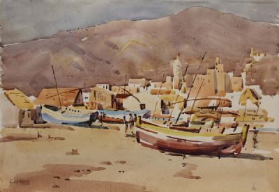 BOATS IN A LOW TIDE HARBOUR by Desmond Carrick  at deVeres Auctions