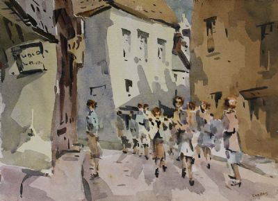 STROLLING THROUGH THE TOWN by Desmond Carrick  at deVeres Auctions