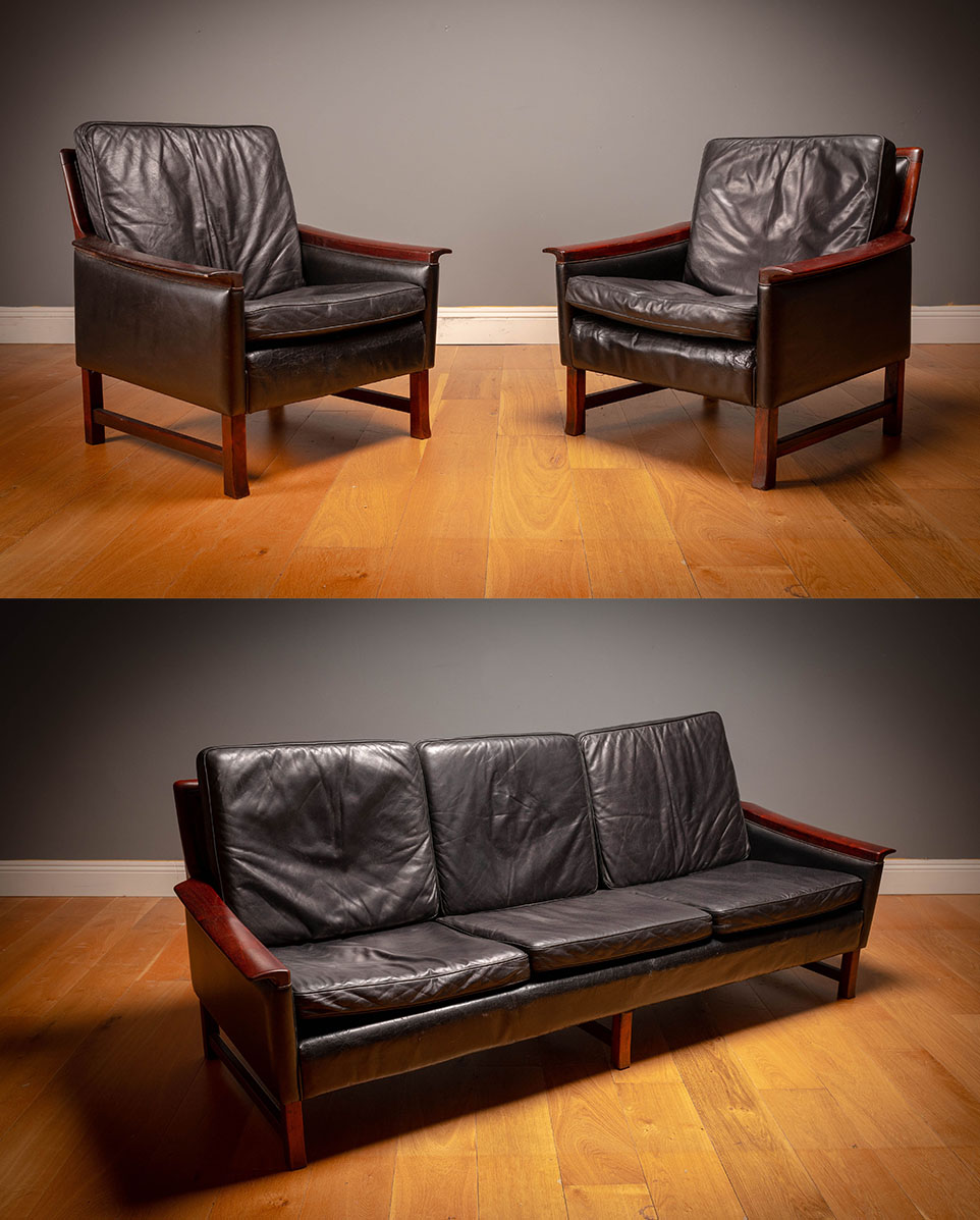 A FINE ROSEWOOD AND LEATHER THREE PIECE MINERVA SUITE at deVeres Auctions