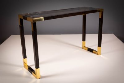 A GILT METAL AND TEAK ANGULAR CONSOLE TABLE, FRENCH at deVeres Auctions