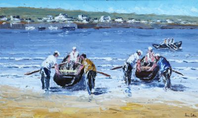 LAUNCHING CURRACHS, KILLEANY BEACH, ARANMORE, CO. GALWAY by Ivan Sutton sold for €1,900 at deVeres Auctions