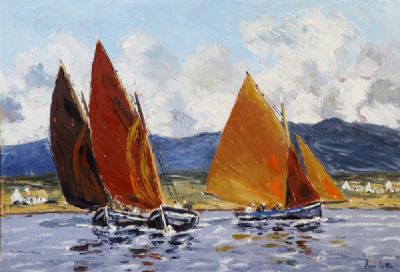 GALWAY HOOKERS, ROUNSTONE BAY, CO. GALWAY by Ivan Sutton sold for €1,500 at deVeres Auctions