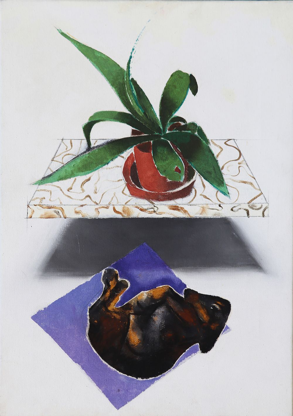 GIUSEPPI MY DOG WITH A PLANT by Micheal Farrell  at deVeres Auctions