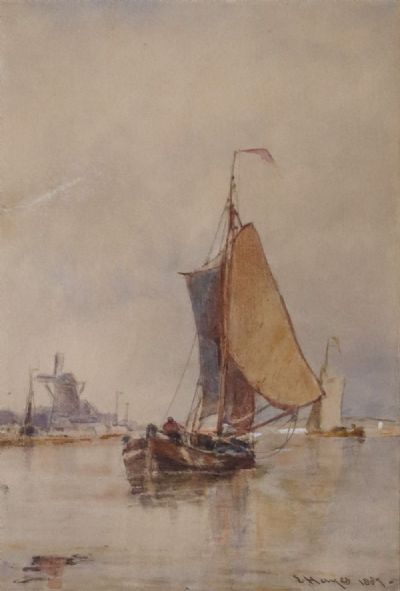 DUTCH SAILING BARGE ON A CALM WATERWAY by Edwin Hayes. sold for €380 at deVeres Auctions