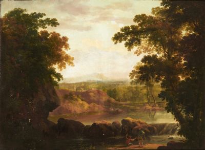 A MOUNTAINOUS RIVER LANDSCAPE WITH FISHERMEN by George Barrett sold for €40,000 at deVeres Auctions