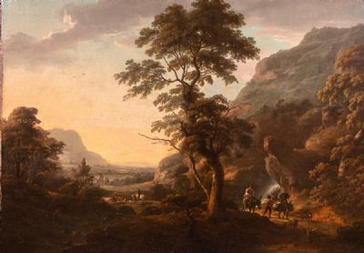 ROCKY RIVER LANDSCAPE WITH TRAVELLERS AND A RUINED ABBEY by William Ashford sold for €55,000 at deVeres Auctions