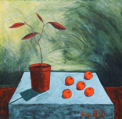 STILL LIFE OF FLOWER POT AND FRUIT by Graham Knuttel sold for €1,300 at deVeres Auctions