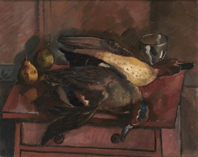 DUCKS ON A TABLE by Joan Jameson  at deVeres Auctions
