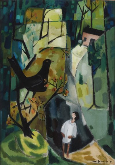 BLACKBIRD AND GIRL IN A LANDSCAPE WITH COTTAGE by Norah McGuinness  at deVeres Auctions