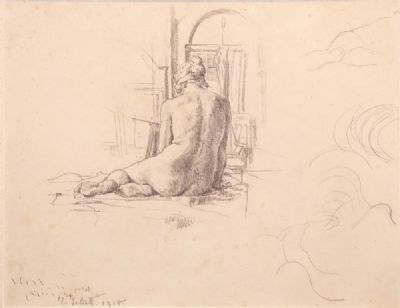 STUDIO INTERIOR WITH SEATED NUDE (FACING AWAY) by Mainie Jellett  at deVeres Auctions